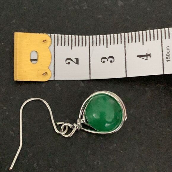 Green Faux Jade or Aventurine Dangle Earrings - Round Stone in Silver Tone Metal - Picture 7 of 8